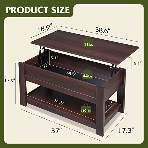 WLIVE Modern Lift Top Coffee Table,Rustic Coffee Table with Storage Shelf and Hidden Compartment,Wood Lift Tabletop for Home Living Room,Brown Oak. WLIVE