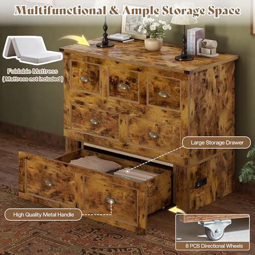 AMERLIFE Twin Size Murphy Bed, Farmhouse Wooden Cabinet with Charging Station and Storage Drawer for Bedroom/Office/Guest Room, Rustic Brown AMERLIFE