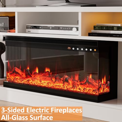 Spurgehom Fireplace TV Stand with 34" 3-Sided Electric Fireplace, Led Light Entertainment Center, TV Console with Storage, Media Console for TVs up to 80", TV Cabinet for Living Room (White) Spurgehom