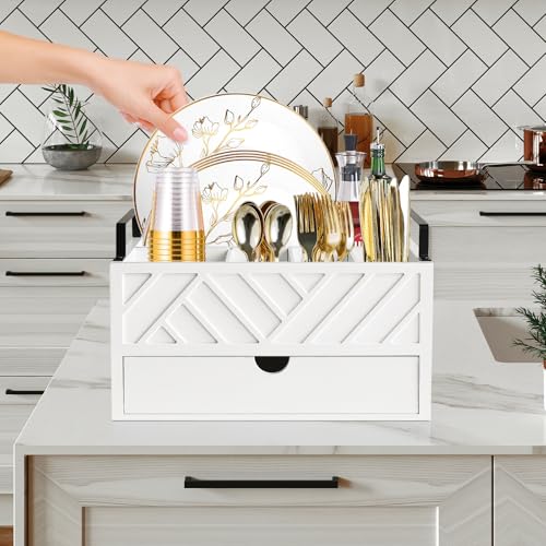 Paper Plate Dispenser with Drawer, Paper Plate Holder for Kitchen Counter, Wood Rustic Silverware Utensil Caddy, Cutlery Flatware Organizer for Cup Spoon Fork Plates Napkins, White Kitchen Accessories Zecela