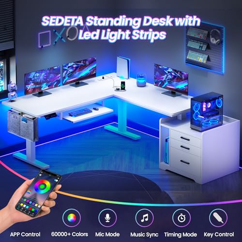 SEDETA L Shaped Electric Standing Desk with File Cabinet, 63 x 53'' Height Adjustable Home Office Computer Desk with Drawers, Power Outlet, Stand up Gaming Table with Led Lights, Keyboard Tray, White SEDETA