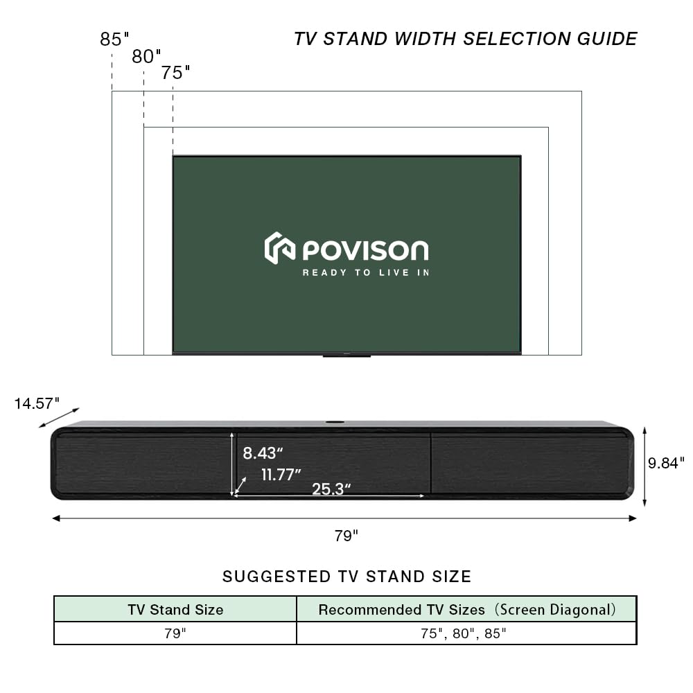 POVISON DONICY Fully-Assembled Minimalist Floating TV Stand, Modern Wall-Mounted Entertainment Center with 3 Drawers, Solid Wood, Black Oak, 78" POVISON DONICY
