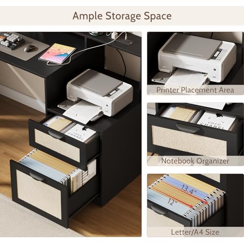 Vividwood Farmhouse Computer Desk with Drawers and Power Outlets, 60” Home Office Desk with Adjustable File Drawer, Cat Scratching Pad, Printer Stand, Shelves & Monitor Riser, Black Vividwood