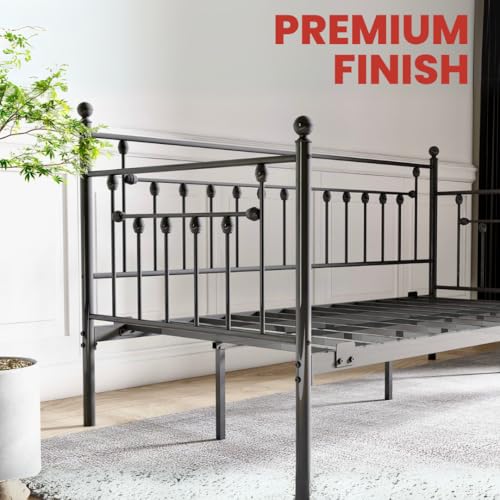 Golden Gate Beds Daybed Frame with Headboard, Without Trundle, Heavy Duty Metal Frame & Steel Slats Foundation, Upholstered Stylish Sofa Bed for Living Room, Bedroom, Guest Room - Black, Twin Size AMBEE21