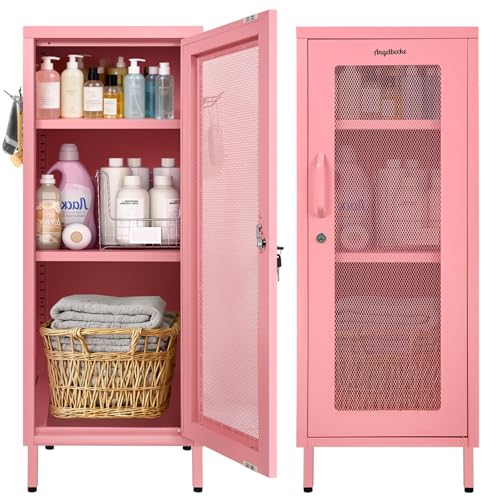 Metal Storage Cabinet, 39.37" H Small Pink Metal Locker Cabinets with Lockable Mesh Door and Handle, 2 Adjustable Shelves, 2 Pegboards & 6 Hooks for Home, Office, Bedroom, Kitchen, Assembly Required ANGELBECKE