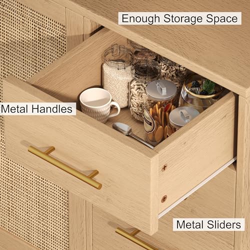 Rovaurx 70.9" Kitchen Pantry Cabinet with Microwave Shelf, Rattan Kitchen Hutch Cabinet with Charging Station, Tall Floor Cupboard Cabinet with Drawers and Doors, Natural KBG002ME Rovaurx