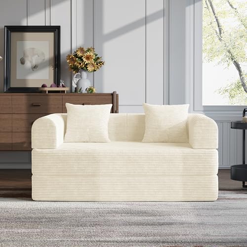 HouseMila 59" Boneless Couch,4-in-1 Futon Sofa Bed Modular Loveseat Sleeper Folding Compressed Couch with Pillows,No Assembly Required Convertible Sofa Bed for Living Room Bedroom Guest Room,Beige HouseMila