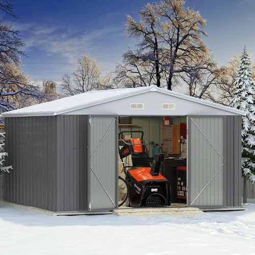 Greesum 10×10FT Outdoor Storage Shed, Metal Patio Storaged Sheds with Lockable Doors, Sheds & Outdoor Storage for Bike, Backyard, Pool and Garden, Gray Greesum