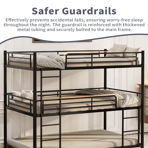 NestLude Triple Bunk Bed Heavy Duty, Twin-Size Metal Bunkbeds with Ladder, Family-Friendly for All Ages, Bedroom, No Box Spring Needed, Easy Assembly (Black) NestLude