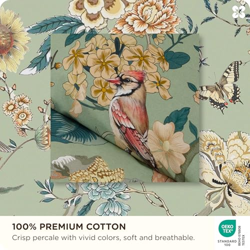 Bedsure 100% Cotton Reversible Floral Duvet Cover King Size - Flowers and Birds Pattern Printed Comforter Cover with Zipper Closure & 2 Pillow Shams, Comforter Sold Separately (Green Garden, 104"x90") Bedsure