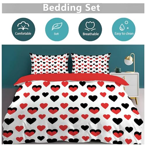 DLERFLOVR Single Duvet Cover, Black and Red Heart Reversible Quilt Cover - So Soft Polyester Fabric - Minimalist Style Bedding Sets with Pillow Cases for Boys, Girls and Children, Red DLERFLOVR
