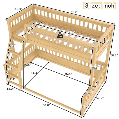 Bellemave Twin Over Full Bunk Bed for Kids/Adults,Floor Bunk Beds with Inclined Ladder,Solid Wood Low Bunk Bed for Teens,Girls,Boys,Detachable,Natural Bellemave