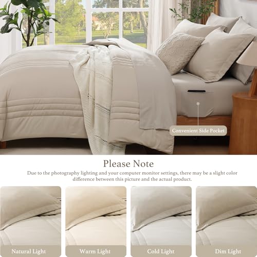 Monbix King Size Comforter Set - 7 Pieces Bed in a Bag King, Apricot Beige Bedding Sets with Comforter, All Seasons Comforter Bed Set with Sheets, Pillowcases & Shams Monbix