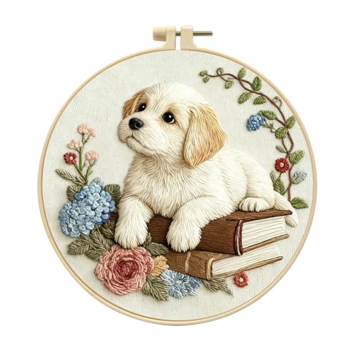 Zhenqing Dog on Books Embroidery Kit for Beginners, Pre-Printed 29x29cm Circular Cotton Fabric with 20cm Hoop, Cozy Pet and Hydrangea Floral Design for Home Decor (C0206)