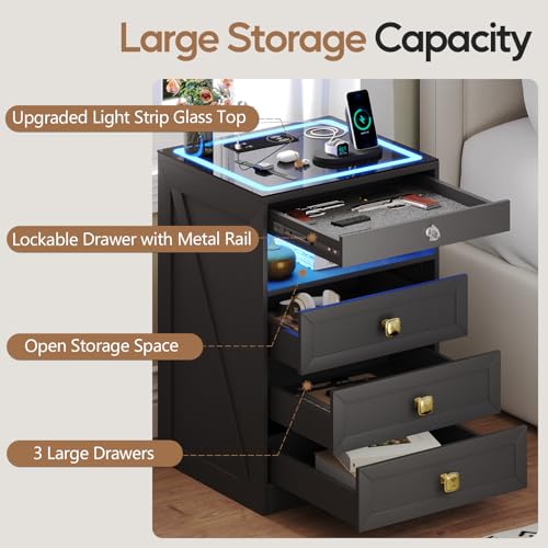 MDGC Smart Nightstand with Lockable Gun Drawer,Farmhouse Bedside Table with Charging Station and 3 LED Lights, Modern Night Stand with 3 Drawers,Glass Top End Side Table for Bedroom(Black) MDGC