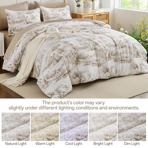 WONGS BEDDING Brown Comforter Set Queen Size, 7 Pieces Botanical Comforters with Sheets, Soft Microfiber Farmhouse Floral Complete Bedding Sets for All Season WONGS BEDDING