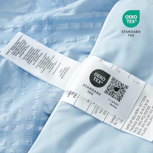 Cozy Bliss Cooling Comforter Seersucker Plaid King Size, Q-Max 0.45 Lightweight Cooling Blanket, Breathable Silk Smooth Summer Bedding Quilt for Hot Sleepers Night Sweats Blue Cozy Bliss