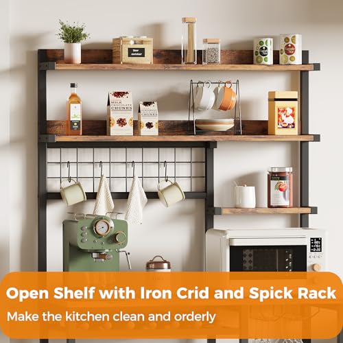 IRONCK Bakers Rack with Power Outlet, 7-Tier Coffee Bar Microwave Stand, Solve Kitchen Clutter with Wine Rack, Wire Basket and Hooks, Rustic Brown