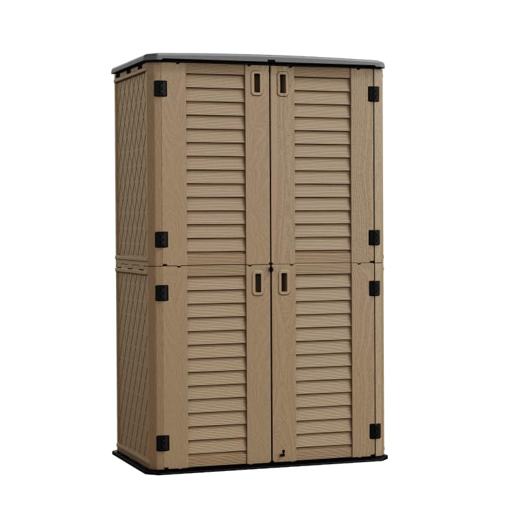 HOMSPARK Storage Shed Weather Resistance, Multi-Purpose Outdoor Storage Cabinet for Backyards and Patios, Horizontal Storage Shed for Lawnmower, Patio Accessories (COFFEE, Tall - 53 cu.ft) HOMSPARK