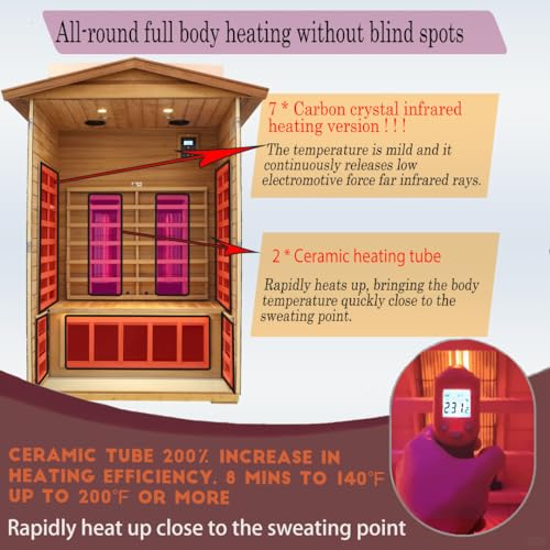 KUNSANA Outdoor Sauna 2 Person, Ceramic Infrared Saunas for Home, Ultra Low EMF Infrared Sauna, Mahogany Wood Home Sauna Room with Bluetooth Speakers, LED Reading Lamps, Chromotherapy Lights KUNSANA