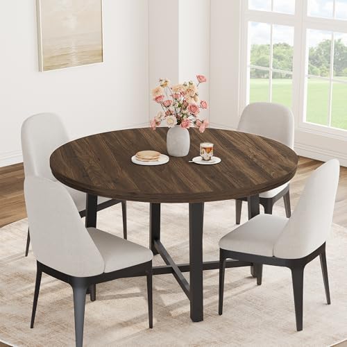 IDEALHOUSE 47" Round Dining Table for 4, Kitchen Dining Room Table with Sturdy Metal Frame, Wood Circle Kitchen Table for Space Saving -Brown IDEALHOUSE