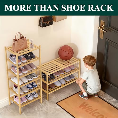 Smiry Bamboo Shoe Rack 3-Tier, Stackable Wooden Shoe Organizer for Entryway & Closet, Free Standing Wood Shoe Storage Shelf for Front Door & Small Spaces, Natural Smiry