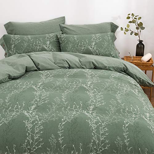 OREISE Duvet Cover Set Full/Queen Size Washed Cotton Yarn, Jacquard Green and White Thin Branch Pattern Floral Style 3Piece Bedding Set OREISE