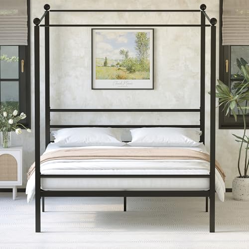 Lutown-Teen King Size Canopy Bed Frame, Four Poster Metal Canopy King Size Bed Frame, Heavy Duty Mattress Foundation with Underbed Storage, No Box Spring Needed, Easy Assembly, Black