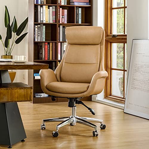 Glitzhome Modern Executive Office Chair, High Back PU Leather Ergonomic Computer Desk Chair, Adjustable Height Swivel Office Task Chair with Lumbar Back Support (Camel) Glitzhome