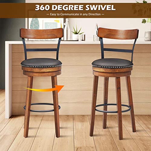 COSTWAY Bar Stools Set of 2, 360-Degree Swivel Stools with Leather Padded Seat, Single Slat Ladder Back & Solid Rubber Wood Legs, Bar Height Stools for Pub, Restaurant, Kitchen, Brown (2, 30.5) COSTWAY