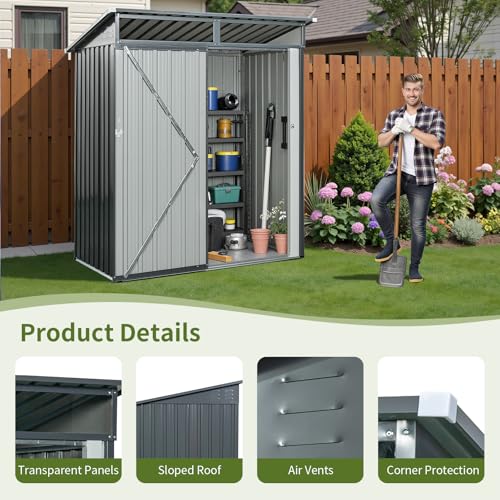 Lyngins 5x3 FT Grey Outdoor Metal Storage Shedfor Tools, Lawnmower, Bikes & Outdoor Gear, Lockable, Waterproof & UV-Resistant Heavy-Duty Steel 3x5 Shed for Backyard, Patio & Lawn, Easy Assembly Lyngins