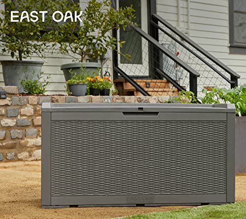 EAST OAK Outdoor Storage Box, 100 Gallon Deck Box, Waterproof Resin Storage Bench for Patio Cushions, Gardening Tools, Pool Toys, Lockable, UV Resistant, Grey EAST OAK