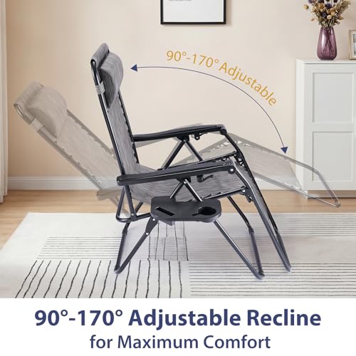 Sweetcrispy Zero Gravity Chairs, Set of 2 Portable Recliner Beach Camping Patio Outdoor Folding Lounge Chair with Cup Holder Trays and Adjustable Pillow for Poolside, Garden, Backyard, Lawn (Grey) Sweetcrispy