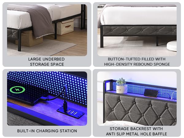 HBRR Modern Queen Size Upholstered Bed Frame with Storage Headboard, LED Lights, and Charging Station in Dark Gray HBRR