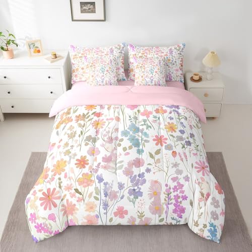 Erosebridal 7 Piece Cute Pink Floral Comforter Set Twin with Sheets,Boho Colorful Flower Bedding Set for Kids Girls Women,Bohemian Wildflower Bed Set Rustic Flowers Bed in a Bag with Pillowcases Erosebridal