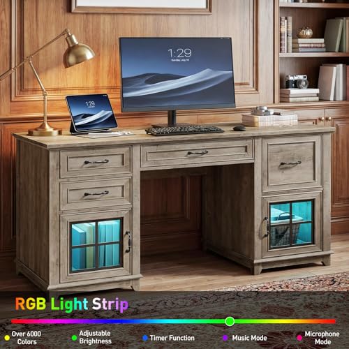RALGEND 58" Farmhouse Executive Desk with Drawers, LED Light, Computer Desk with Drawers and File Cabinet, Wooden Home Office Desk with Charging Station, Workspace for Writing, Greige RALGEND