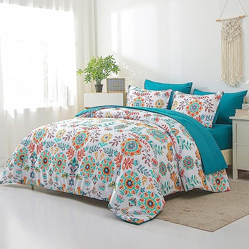 DHSFKBE Boho Comforter Set Twin - 5 Pieces Bed in a Bag Floral Medallions Design, Bohemian Comforter Set with Sheets, Soft Microfiber Complete Bedding Sets All Season (Teal Blue, Twin) DHSFKBE