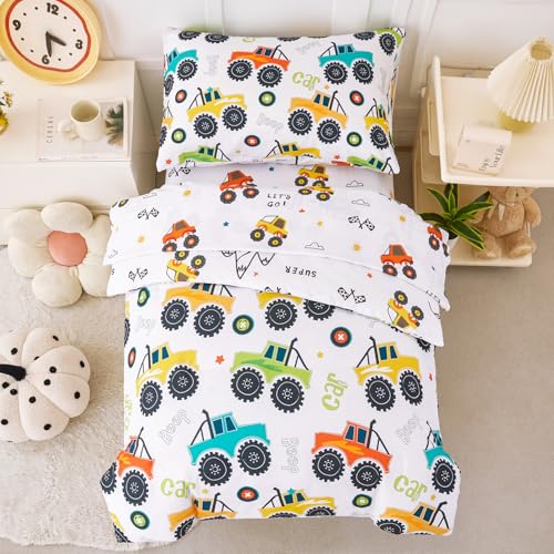 PERFEMET Toddler Bedding Set 4 Pieces Bed Set for Boys All Seasons 1 Deep Pocket Sheet and 1 Lightweight Comforter Soft Cute Colorful Pattern Cozy Children Bedroom Cars White PERFEMET