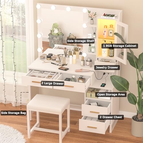 CSZZD Makeup Vanity Desk with Mirror and Lights, White Vanity Desk with Charging Station, LED Cabinet, 5 Drawers & Storage Bag, Vanity Mirror with Lights Desk and Chair, Vanity Table Set with Stool CSZZD