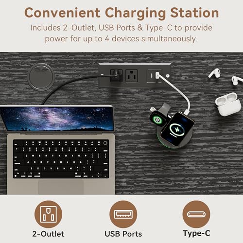 Farmhouse L Shaped Executive Desk with 4 Drawers, Home Office Desk with Hidden Under-Desk Storage Shelf and Charging Station, File Cabinet Storage, Wood Corner Computer Desk for Work(White+Black) Jocoevol