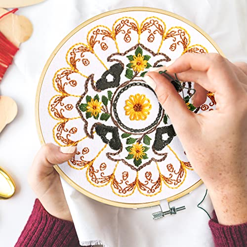 Whaline 4 Mandala Embroidery Starter Kit with Instruction Plum Blossom Chrysanthemum Orchid Lotus Needlepoint Cross Stitch Kit with Embroidery Hoop Threads Needle Scissors for Beginners DIY Craft