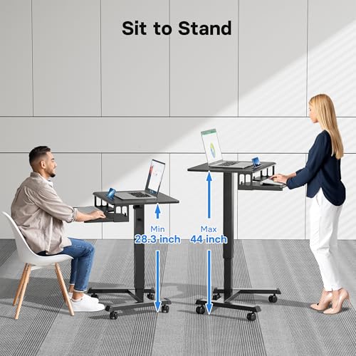 BONTEC Mobile Standing Desk with Keyboard Tray, Mobile Podium, Rolling Laptop Sit Stand Desk on Wheels, Adjustable Height Desk Up to 33lbs, Portable Computer Workstation Cart for Living Room, Office BONTEC