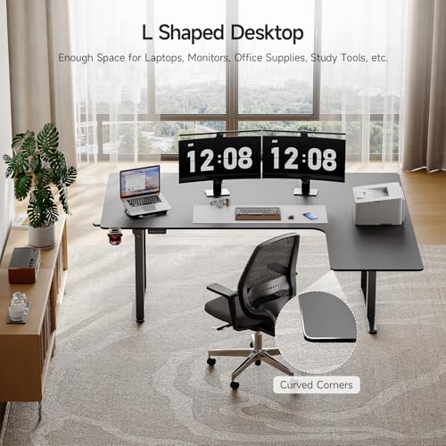 ONBRILL L Shaped Standing Desk, 63x43 Inches Electric L Stand Up Desk with 4 Legs, Dual Motor and Memory Controller, Adjustable Height from 28-46 Inches for Home and Computer Workstation, Black ONBRILL