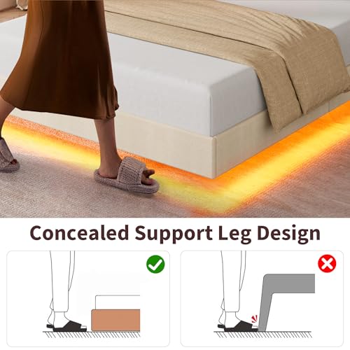 GarveeHome Full Floating Bed Frame with LED Lights & Charging Station, Upholstered Platform Beds with Storage Headboard & Folding Shelves Storage, Metal Slats Support, No Box Spring Needed, Beige GarveeHome