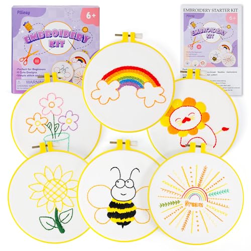 Pllieay 6PCS Embroidery Kit for Beginners, Needlepoint Kits for Beginners with Patterns, 6.5" Embroidery Hoop, Threads, Needles, Instructions, Kids Cross Stitch Kits Supplies for Girls Boys Ages 6+