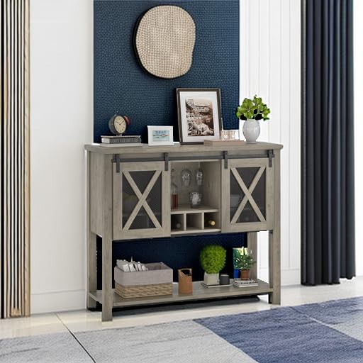IDEALHOUSE Coffee Bar Cabinet, Console Entryway Table with Storage, Farmhouse Sideboard Buffet Cabinet with Sliding Barn Doors, Wine Liquor Cabinet with Racks for Kitchen, Hallway, Living Room, Gray IDEALHOUSE