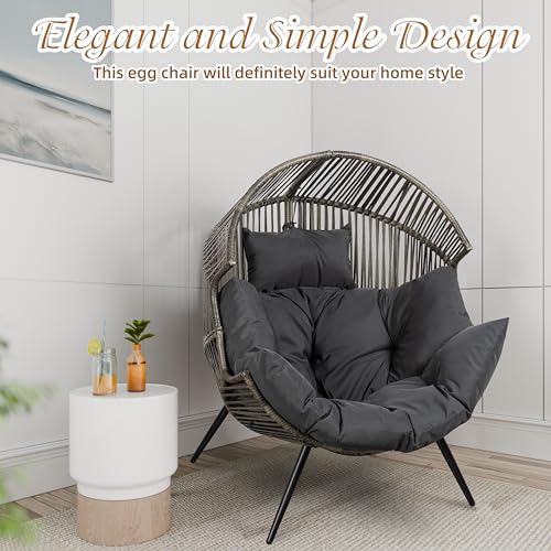 Shintenchi Wicker Egg Chair, Outdoor Rattan Patio Chair with Cushion,Oversized Patio Lounge Chairs with Cushion Egg Basket Chair, Egg Seat for Indoor Living Room Bedroom Outside,Grey Shintenchi