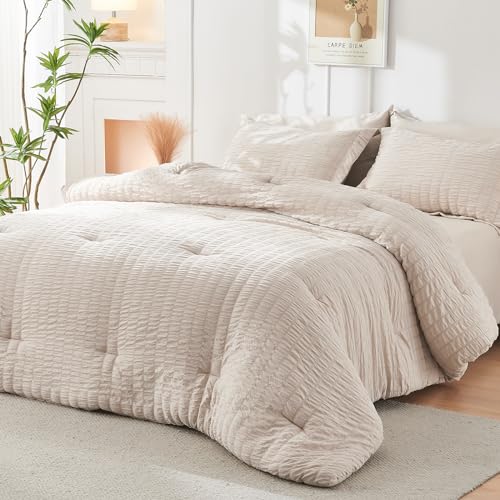 HYMOKEGE Beige Full Size Comforter Sets Seersucker 7 Pieces, All Season Luxury Bed in a Bag for Bedroom, Bedding Set with Comforters, Sheets, Pillowcases & Shams HYMOKEGE