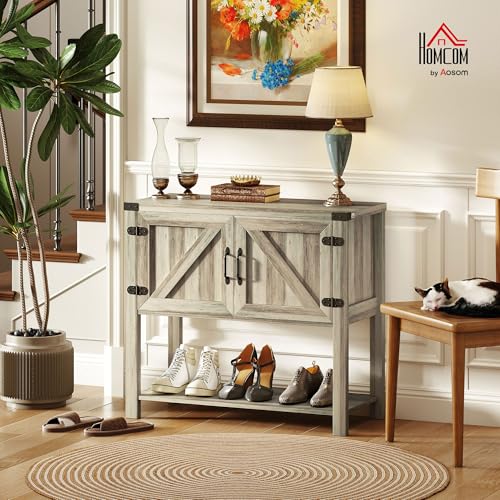 HOMCOM Farmhouse Double Door Coffee Bar Cabinet, Console Table, Sideboard Buffet Cabinet with Bottom Shelf for Entryway, Living Room, Washed-Out Gray HOMCOM