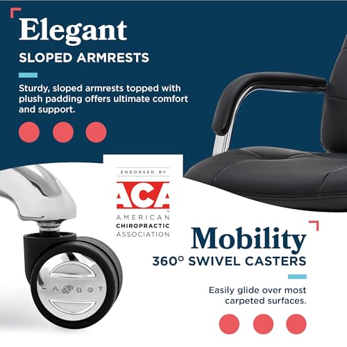 La-Z-Boy Sonata Executive Mid-Back Office Chair, Button-Tufted Seat and Back, Double-Layer Cushion, Padded Armrests, Ergonomic Computer DeskChair, Swivel Metal Base, Bonded Leather, Black/Chrome La-Z-Boy